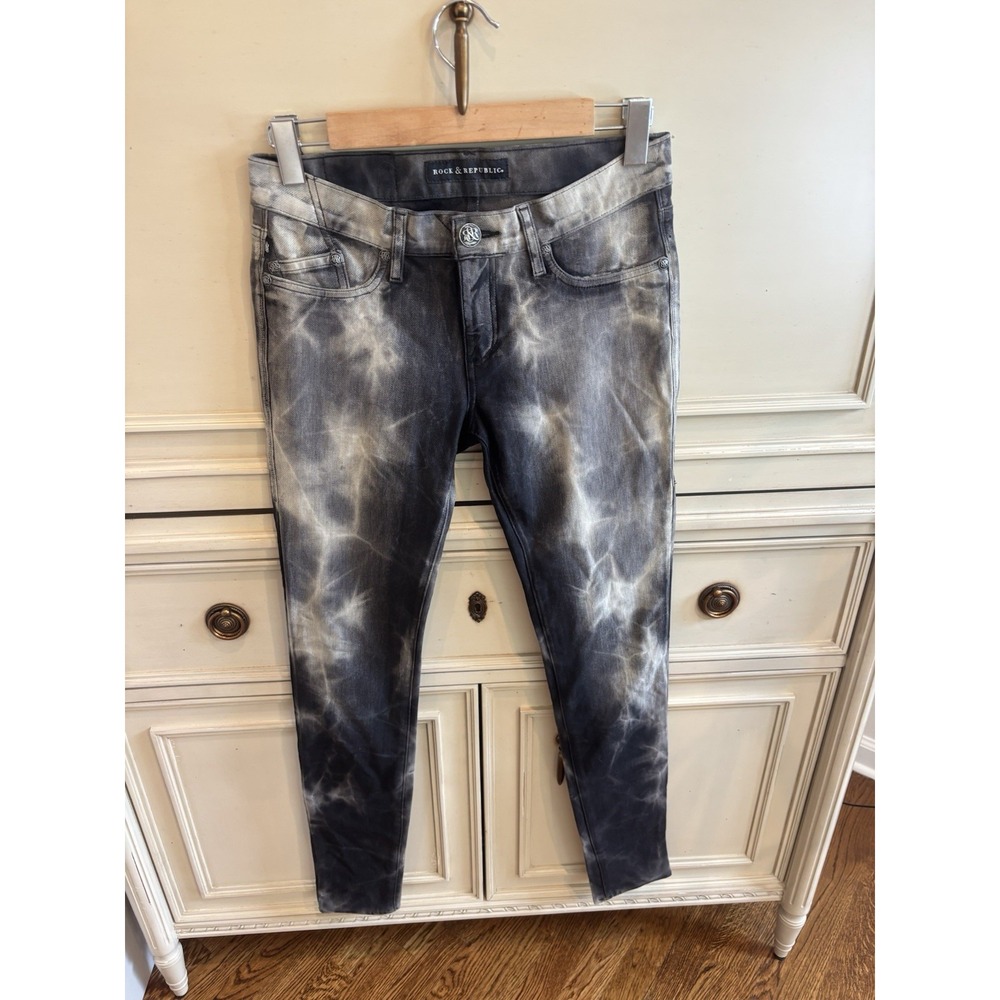 Rock & Republic Tie Dye Acid Wash Black Beige Denim Jeans 27 Cotton Logo‎ Skinny